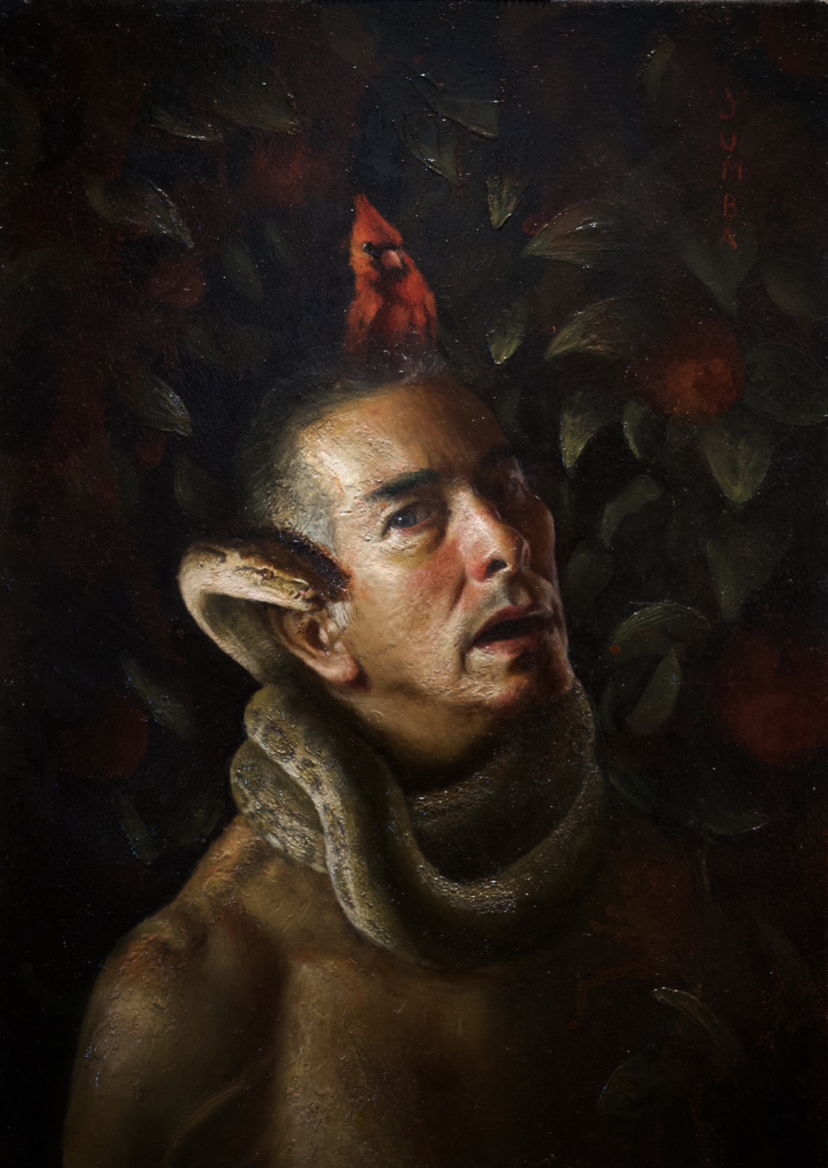 Retrato con serpiente y cardenal